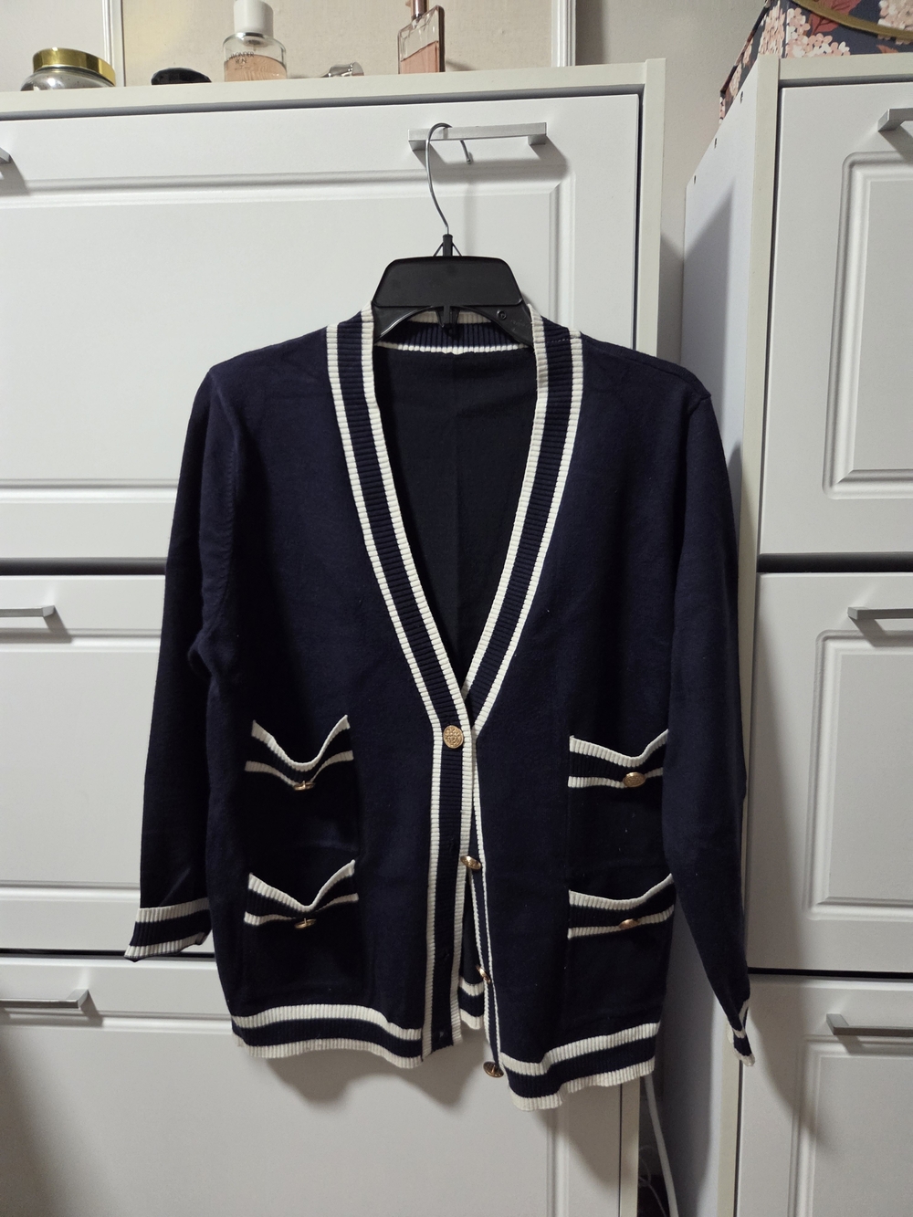 Cider Navy Cardigan with White Contrast Trim